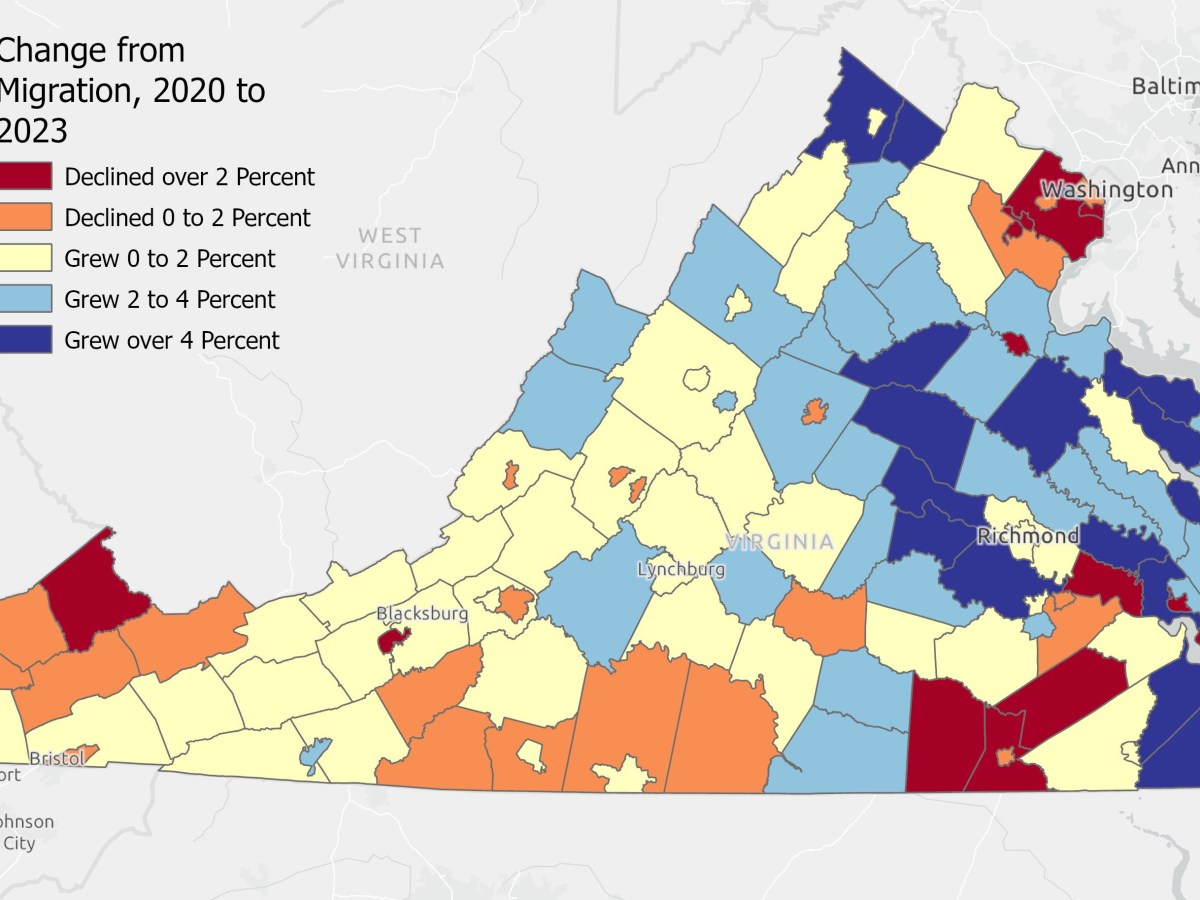 This map shows which localities have seen more people move in than move out — or vice versa. Note that a county might see more people moving in but still lose population because deaths outnumber births — and the net in-migration. Courtesy of Weldon Cooper Center for Public Service, University of Virginia.