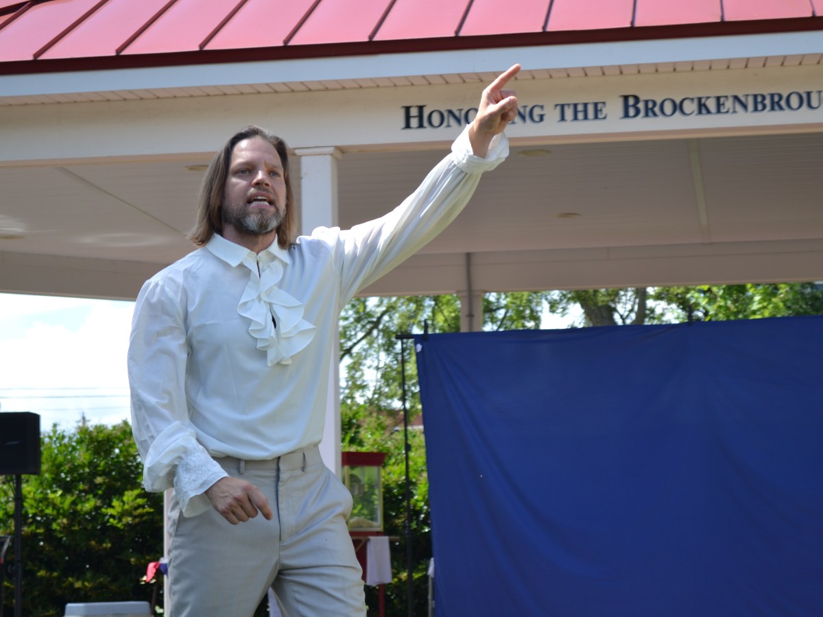 Brent Shultz, an actor with the McKey Carpenter Stunt Group. They reenacted "The Ritchie Affair." He played Archibald Ritchie, a Scottish merchant in Tappahannock, who planned to comply with the Stamp Act and then came to fisticuffs with Richard Henry Lee and Thomas Ludwell Lee. Photo by Lindley Estes.
