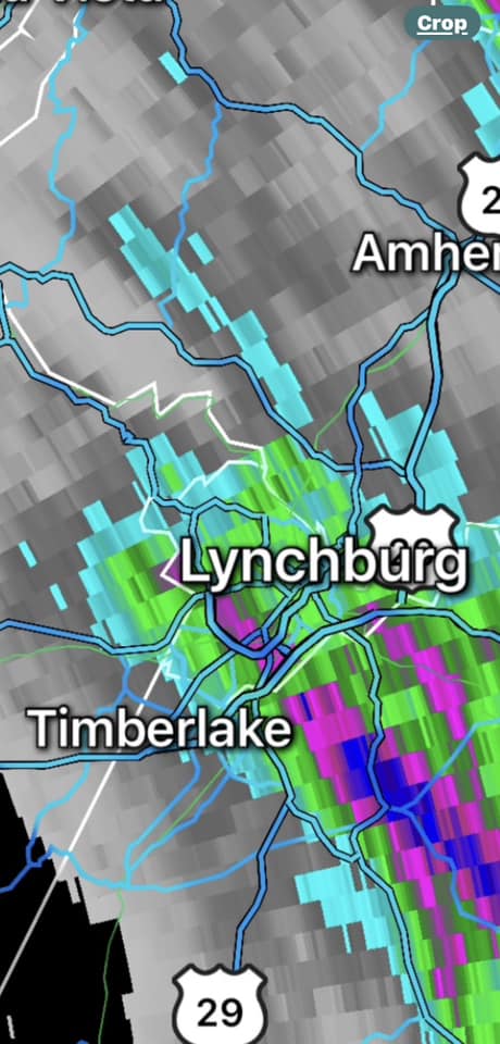 The purple colors depict where over 3 inches of rain was estimated by radar over Lynchburg on Saturday evening, Sept. 21. Courtesy of RadarScope via George Flickinger, WSET (Channel 13).
