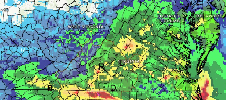 This map shows rainfall totals across region from Monday, Sept. 16, to Wednesday, Sept. 18. For geographical clarity, Roanoke (R), Lynchburg (L), Danville (D) and Bristol (B) are marked. Amounts drop off west of the Blue Ridge, where a "rain shadow" effect occurred with easterly and southeasterly winds blowing upslope on the Blue Ridge and squeezing out higher rain totals there. The color key for rain maps is in the next map scrolling down the page. Courtesy of National Weather Service.