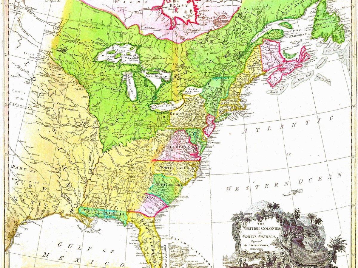 This British map shows how the Quebec Act extended Quebec (in green) westward. Courtesy of New York Public Library.